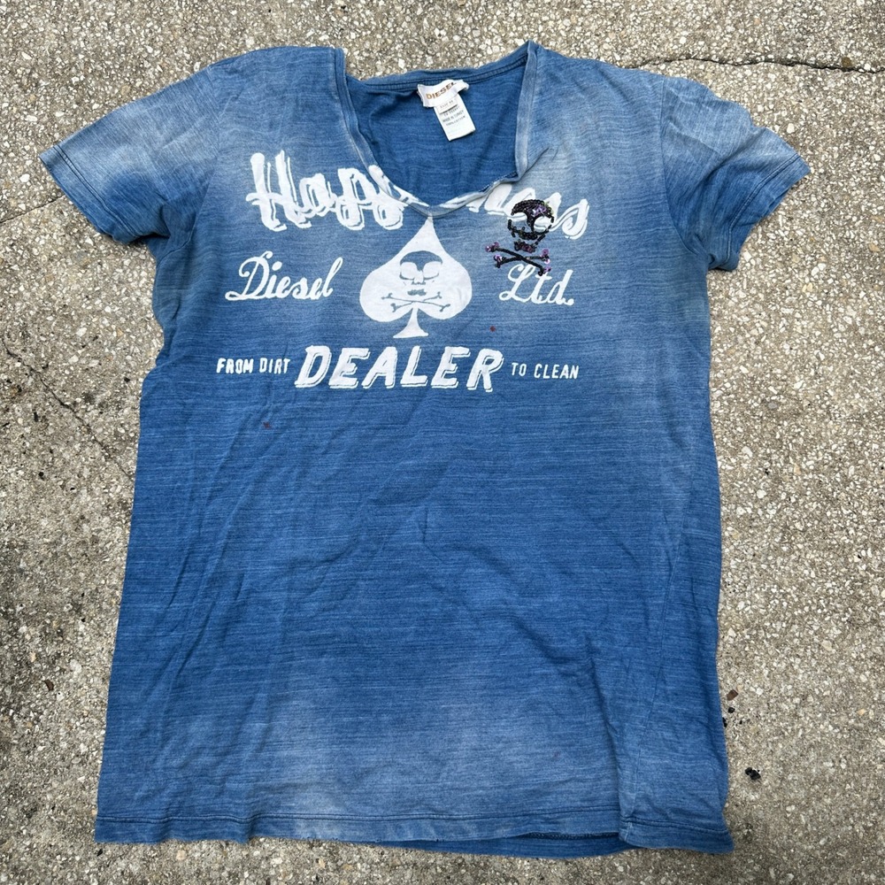 Diesel Womens Blue Acid Wash Graphic T-Shirt Sequin Skull Ace of Spades XL